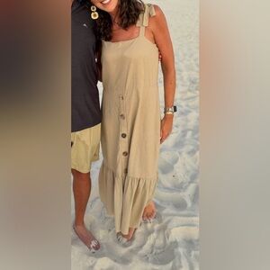 Emma & Michele Beige Tie-Shoulder Midi Dress with Buttons